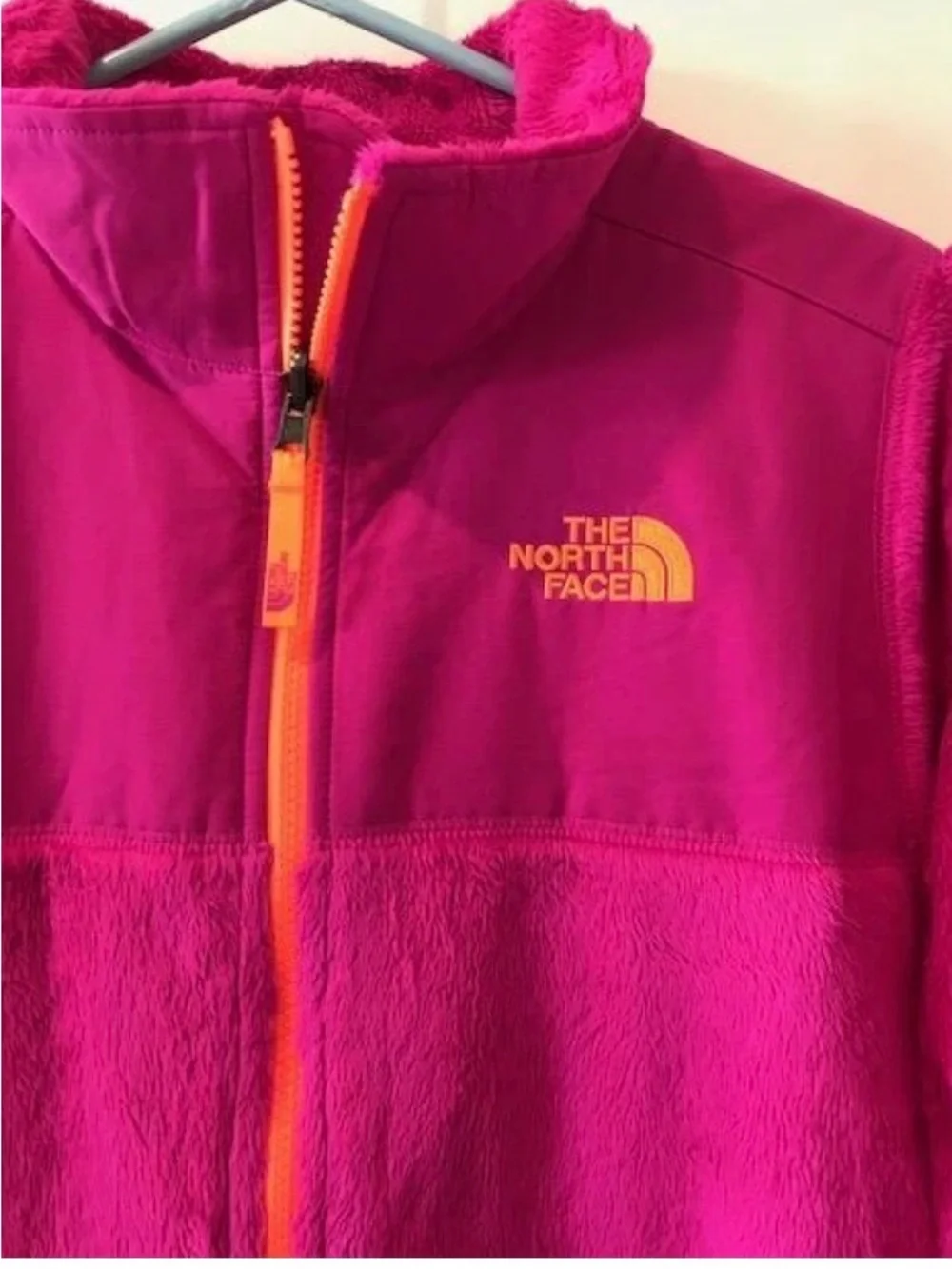 The North Face Plush Fleece Jacket in Hot Pink with Orange Trim
